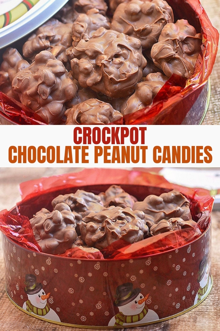 crockpot chocolate peanut candy in red snowman tin