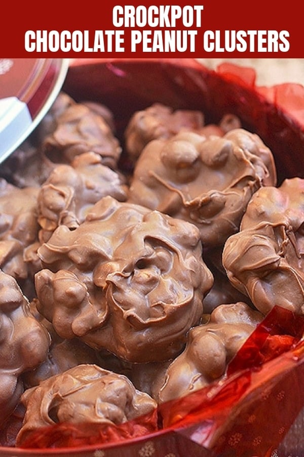 crockpot chocolate peanut clusters in a red Christmas tin