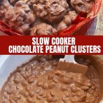 Slow Cooker Chocolate Peanut Clusters in red Christmas snowman tin