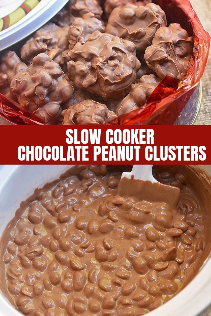 Slow Cooker Chocolate Peanut Clusters in red Christmas snowman tin