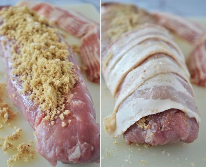 coating pork tenderloin with brown sugar and wrapping in bacon