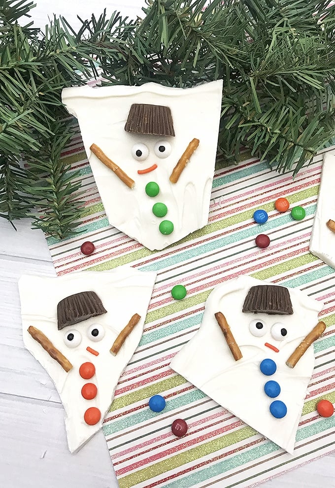 Melted Snowman Chocolate Bark on colored background paper