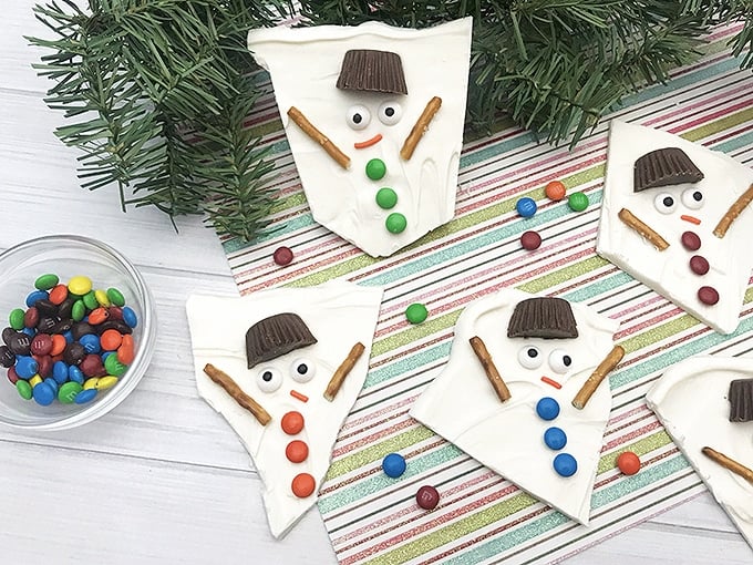 Melted Snowman Chocolate Bark broken into individual pieces