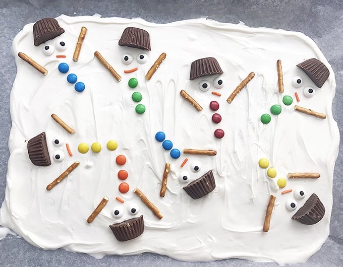 Melted Snowman Chocolate Bark on a parchment-lined baking sheet