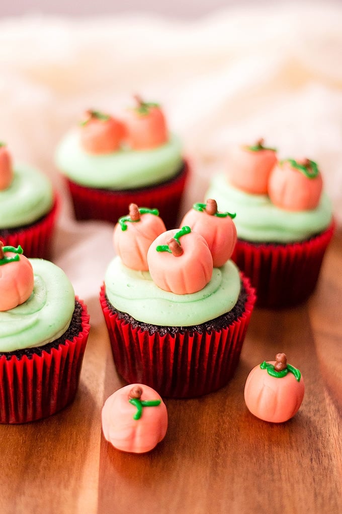 pumpkin patch decorated chocolate cupcakes