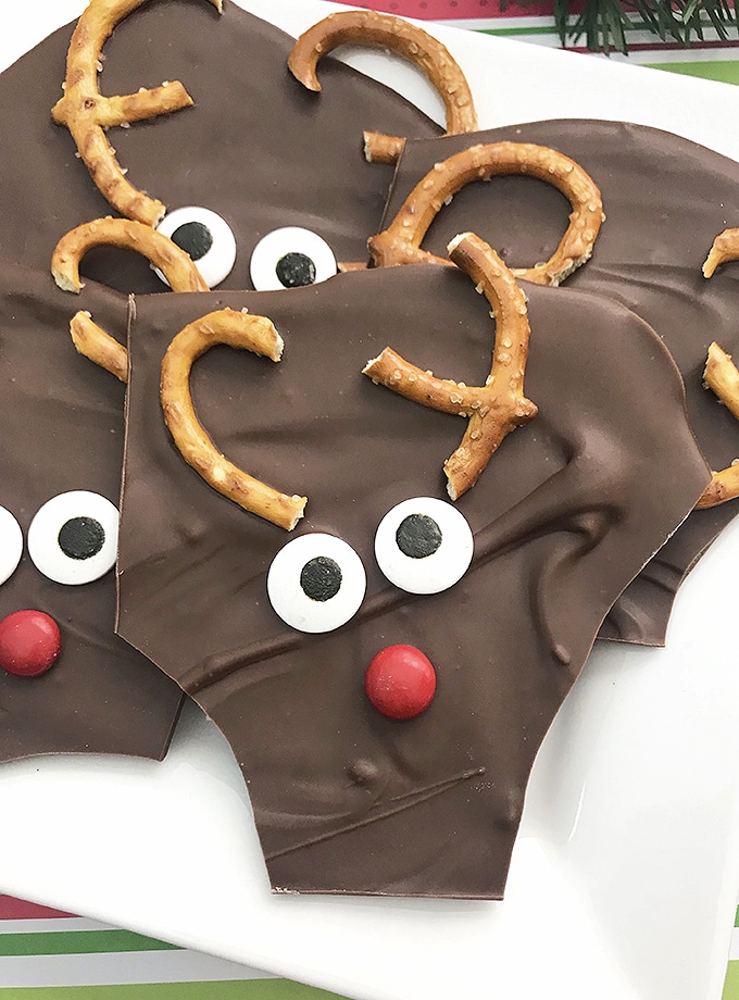 Chocolate Reindeer Barks on a white plate