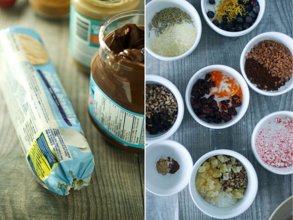 refrigerated sugar cookie dough, nutella, nuts, dried fruits, spices in bowls