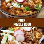 Pork Pozole Rojo with radish, cabbage,and onions in a bowl