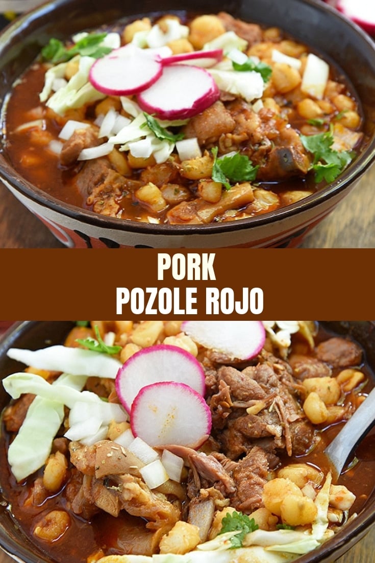 Pork Pozole Rojo with radish, cabbage,and onions in a bowl