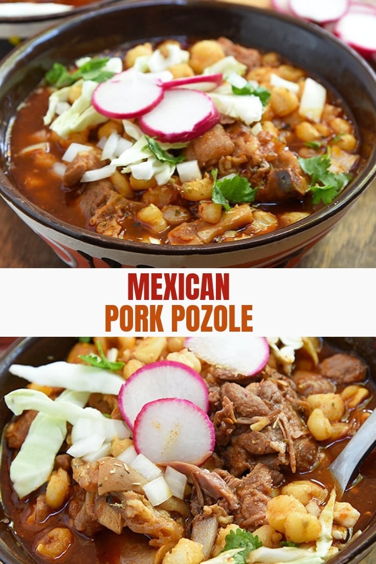 Authentic Pozole Rojo with pork with red chile broth in a large bowl