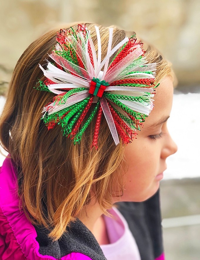 Christmas Hair Bows on a girl's hair