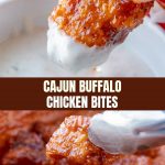 dipping Cajun Buffalo Chicken Bites in ranch dressing