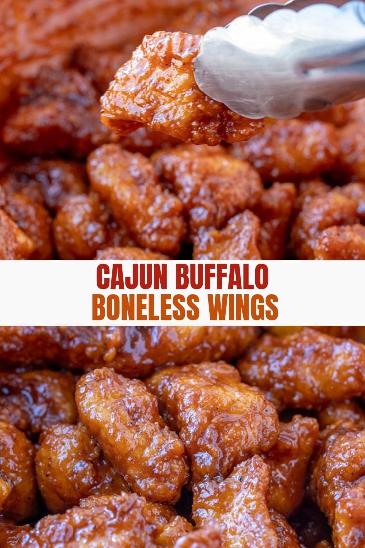 serving cajun buffalo boneless wings with tongs from a bowl