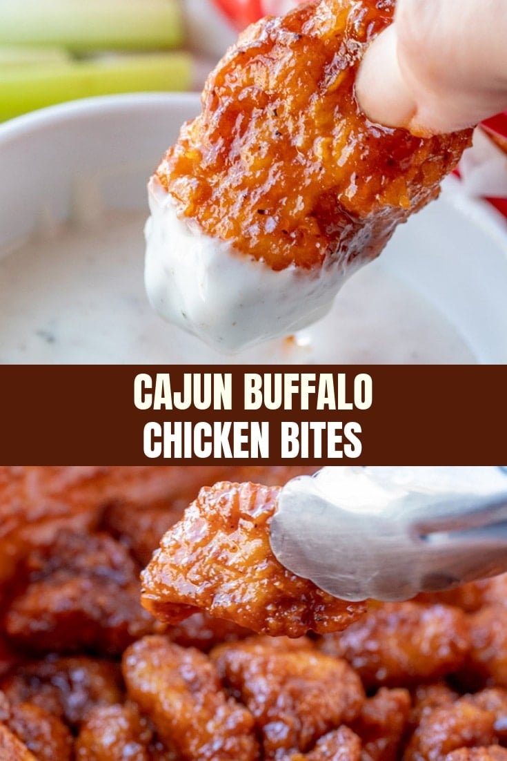dipping Cajun Buffalo Chicken Bites in ranch dressing