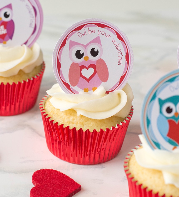 FREE printable Valentine's Day Owl Cupcake Toppers on cupcakes