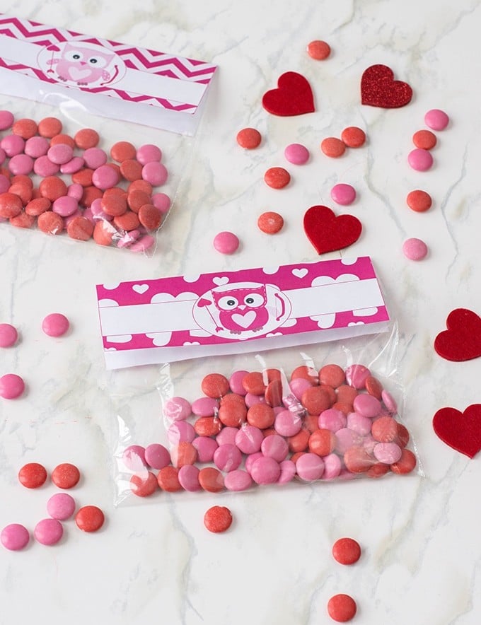 treat bags filled with red candy with Valentine's Day toppers