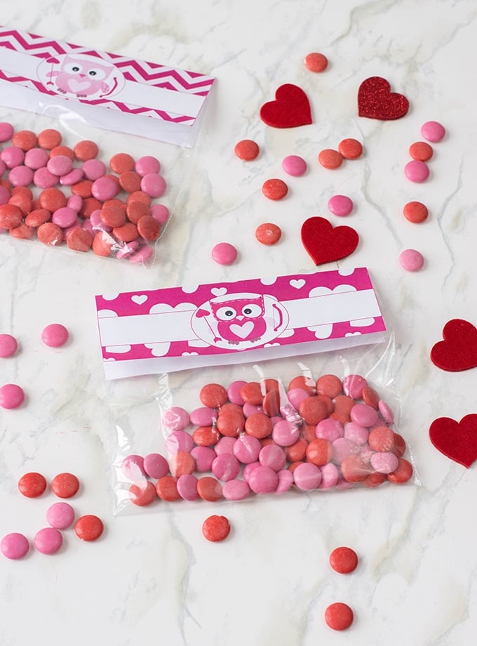 treat bags filled with red candy with Valentine's Day toppers