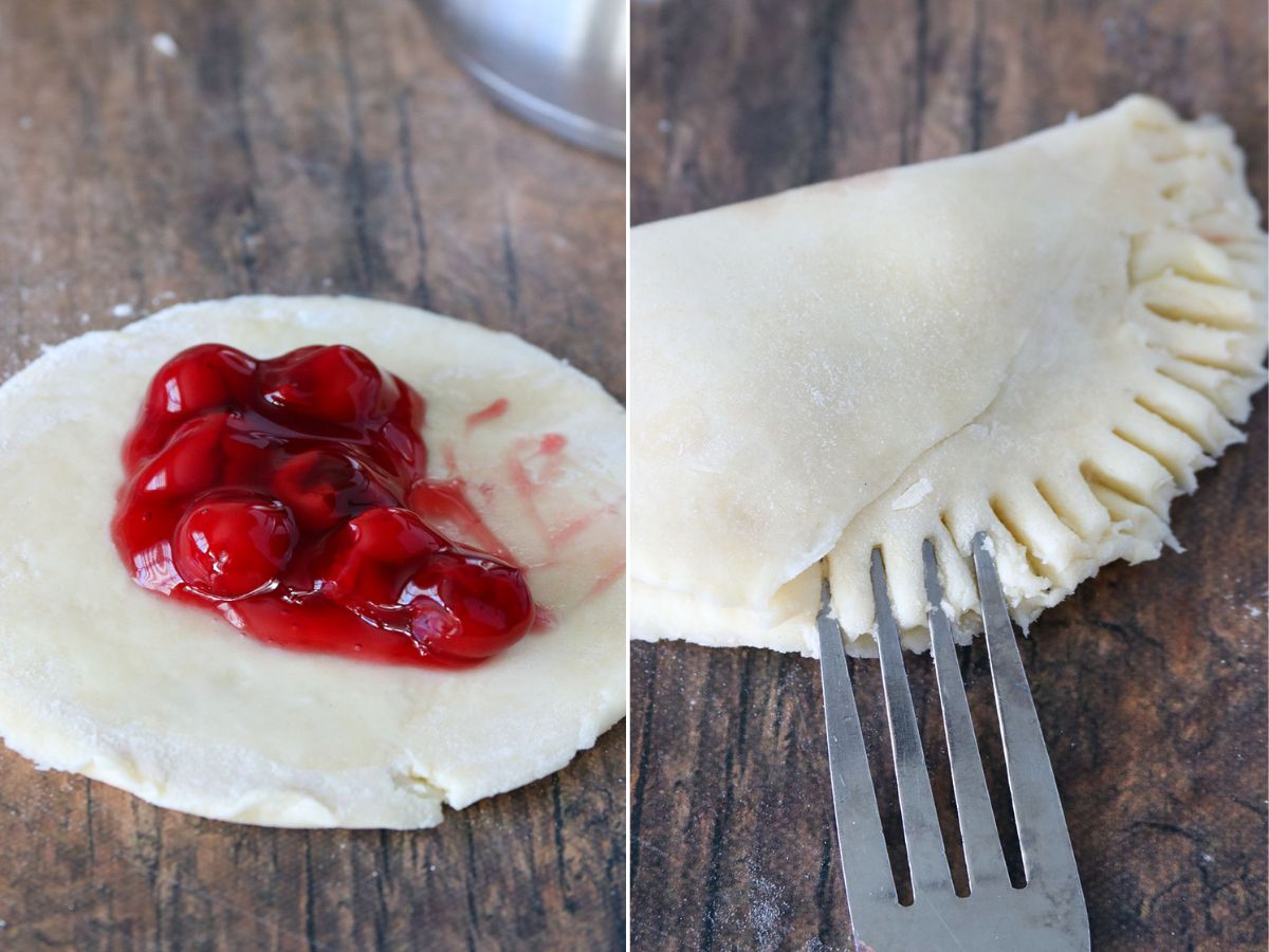 assembling pies with cherry pie filling