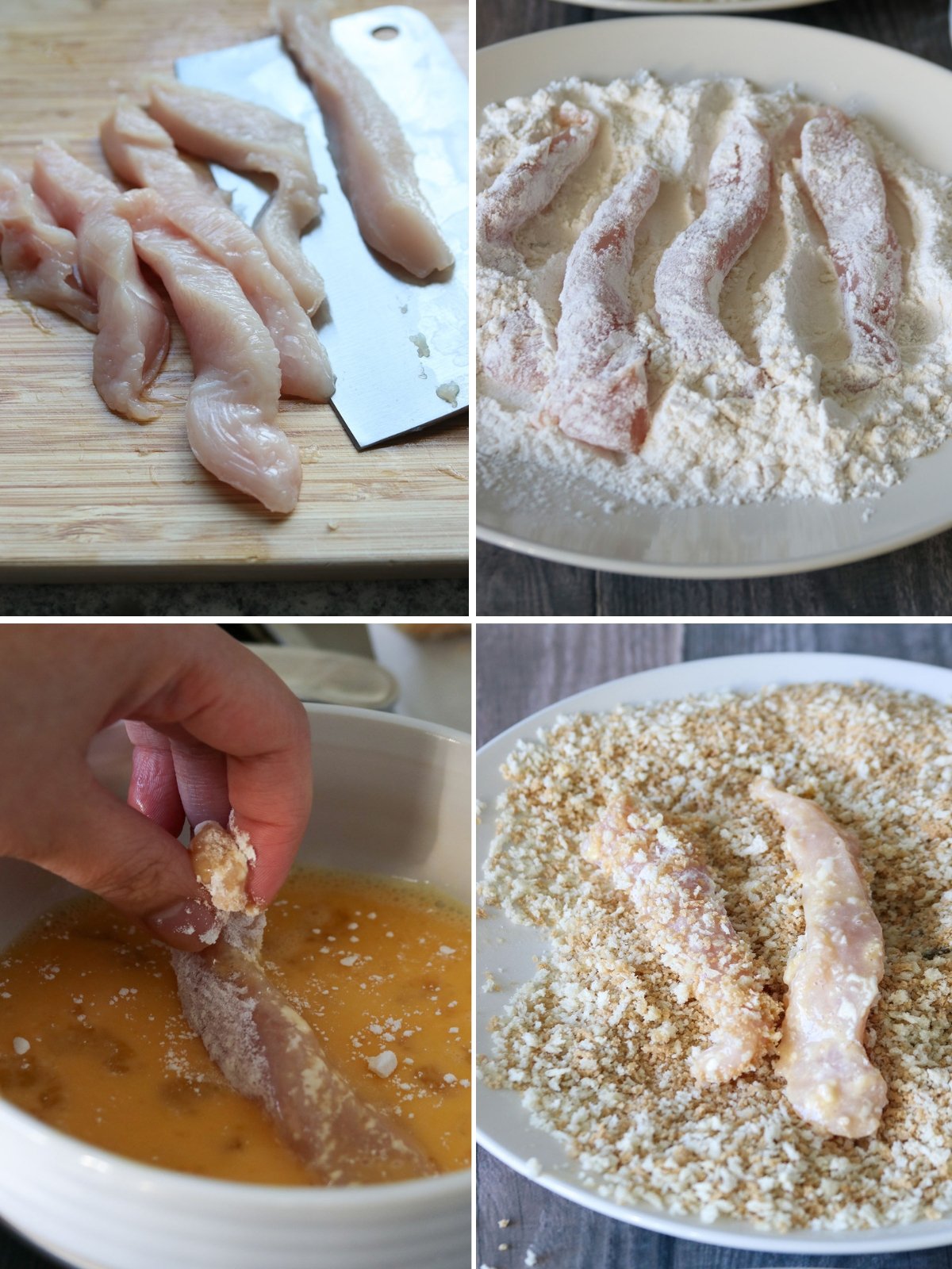 coating chicken striips with bread crumbs