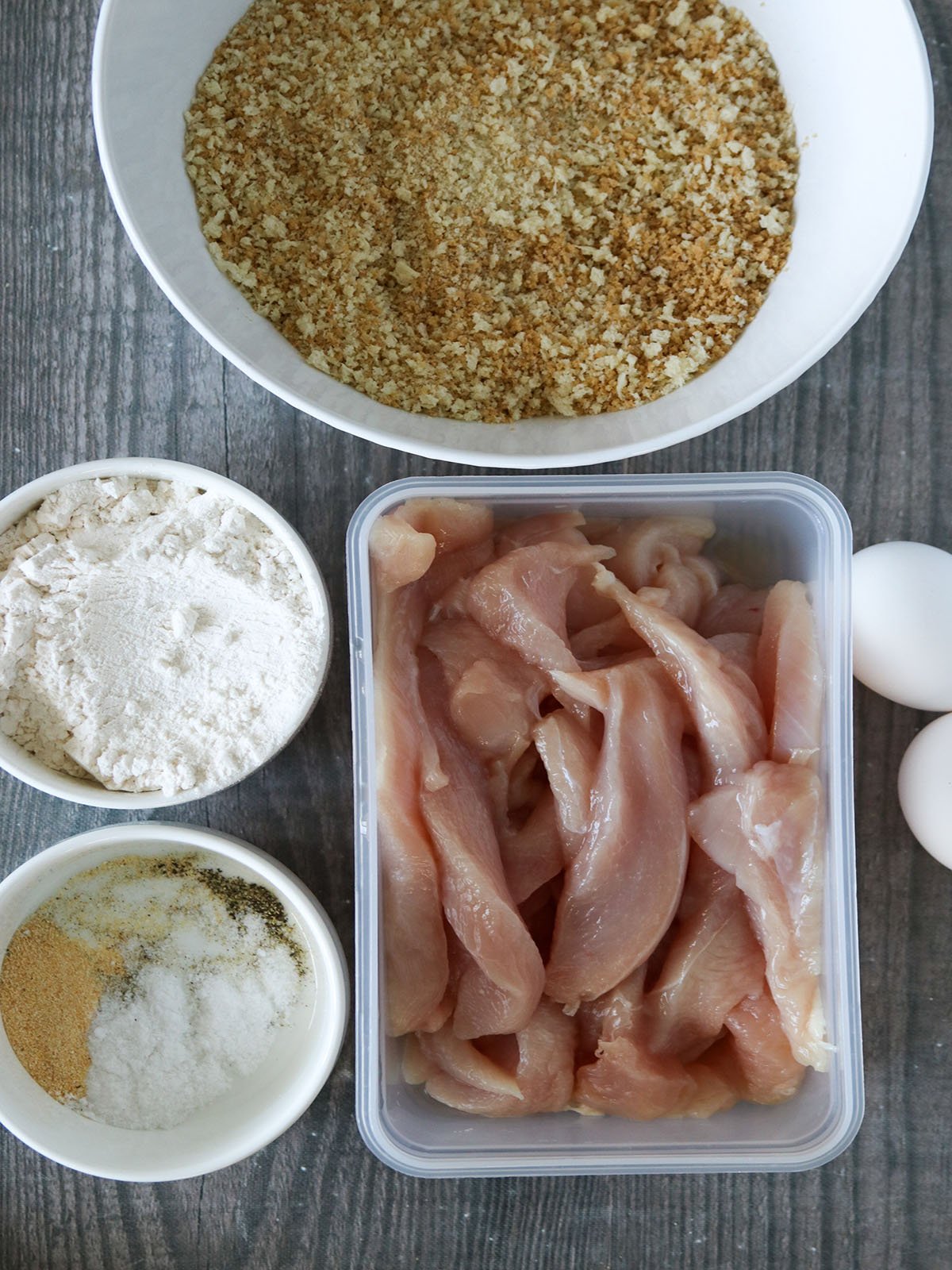 chicken strips, flour, eggs, bread crumbs