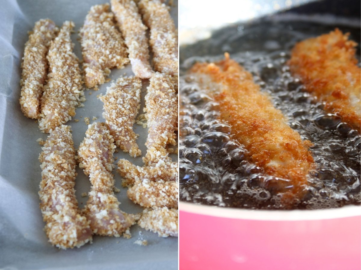 frying chicken strips in oil