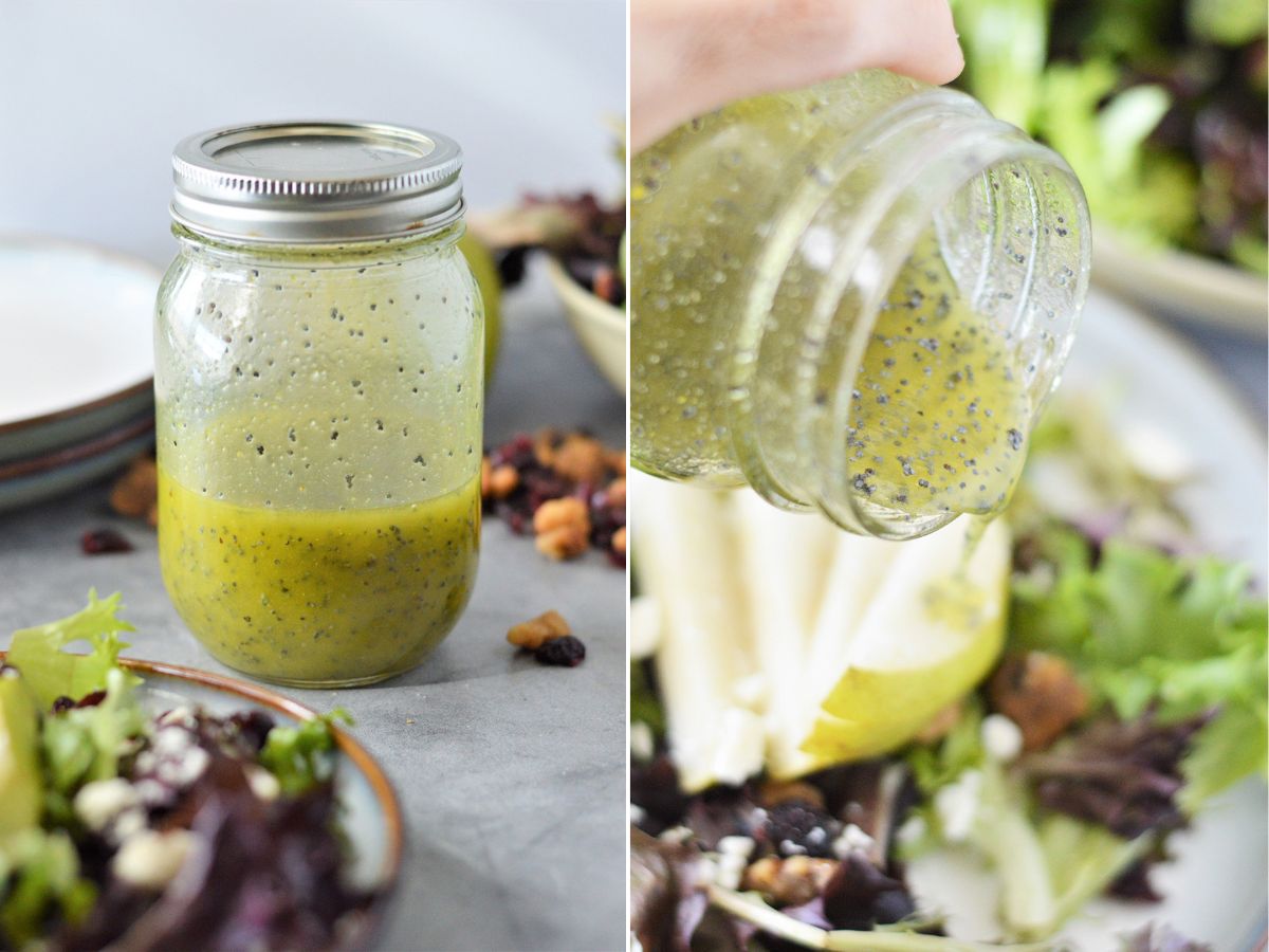 poppyseed dressing in a mason jar pouring over salad