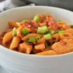 One-Pot Barbecue Chicken Pasta in a white bowl