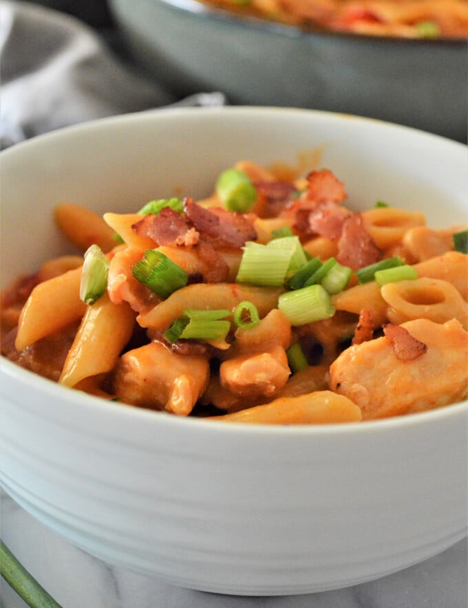 One-Pot Barbecue Chicken Pasta in a white bowl