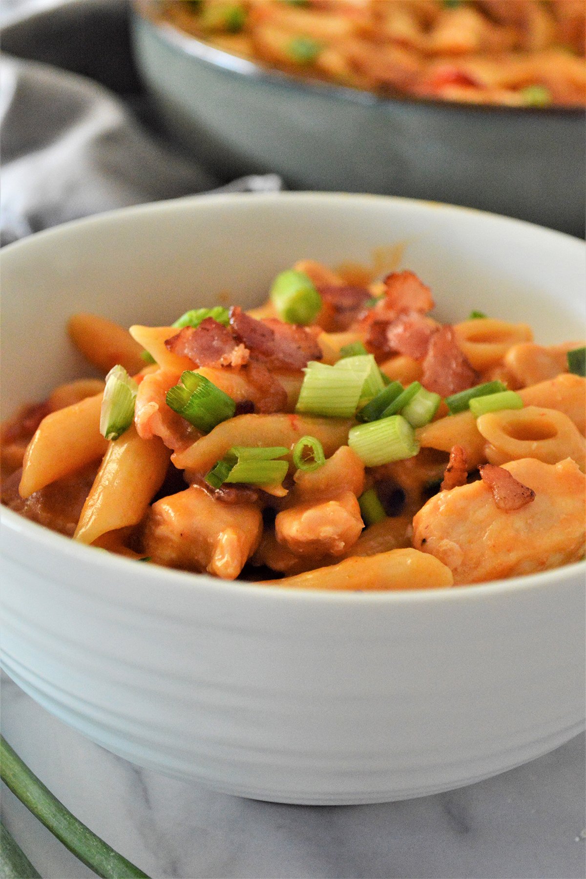 One-Pot Barbecue Chicken Pasta in a white bowl