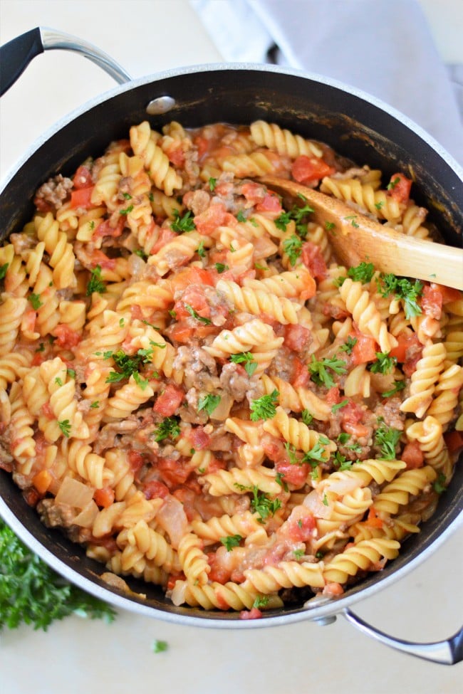 OnePot Cheeseburger Pasta Onion Rings and Things