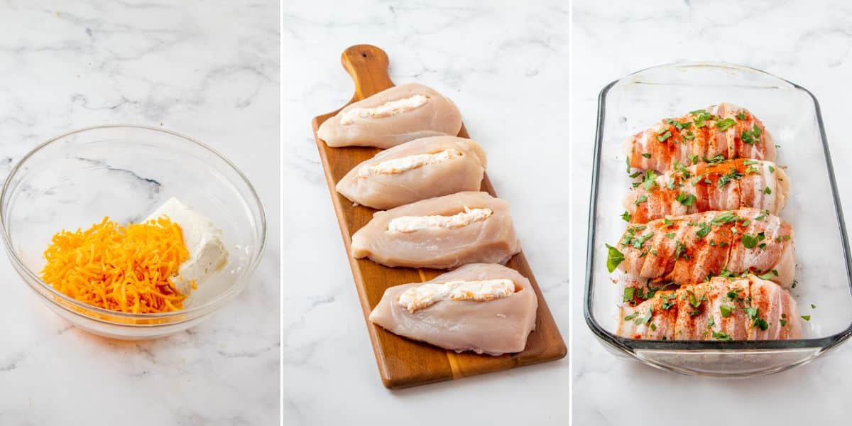 making bacon-wrapped cheese-stuffed chicken breast to bake in a casserole dish.