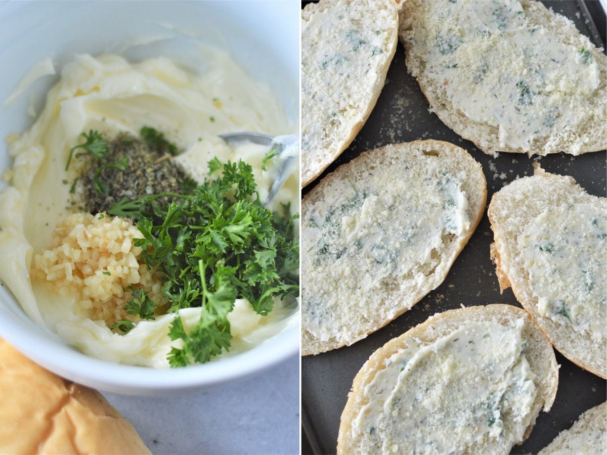 preparing garlic bread to bake.