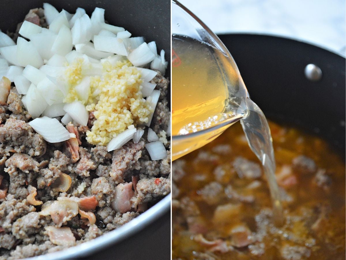 sauteing bacon, sausage, garlic, and onions in a pan and pouring broth in the pot.