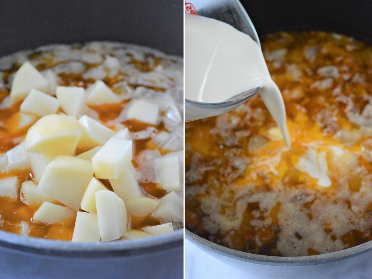 cooking the potatoes and adding cream to Tuscan soup in a pot.
