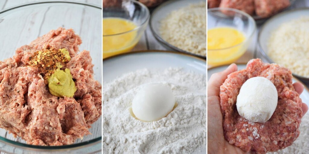 preparing the sausage mixture and wrapping the hardboiled eggs in sausage.