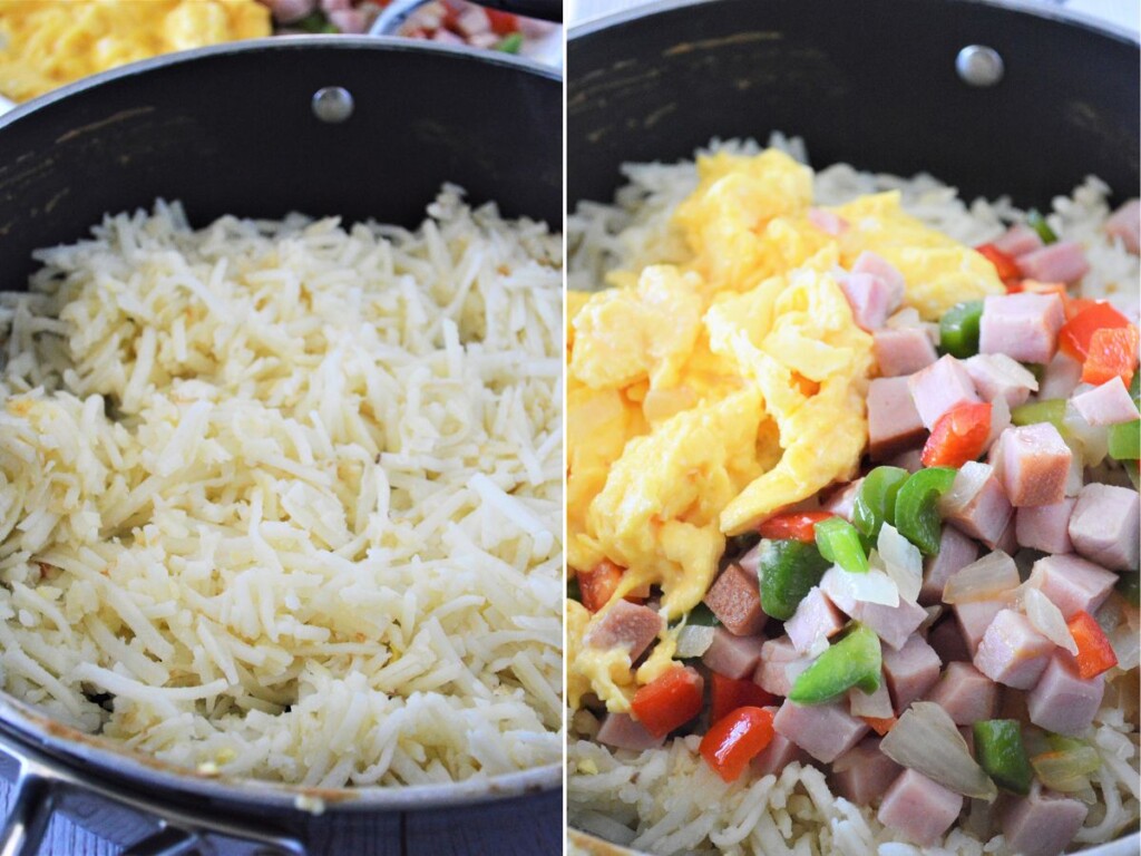 cooking hashbrown breakfast casserole in a pan.