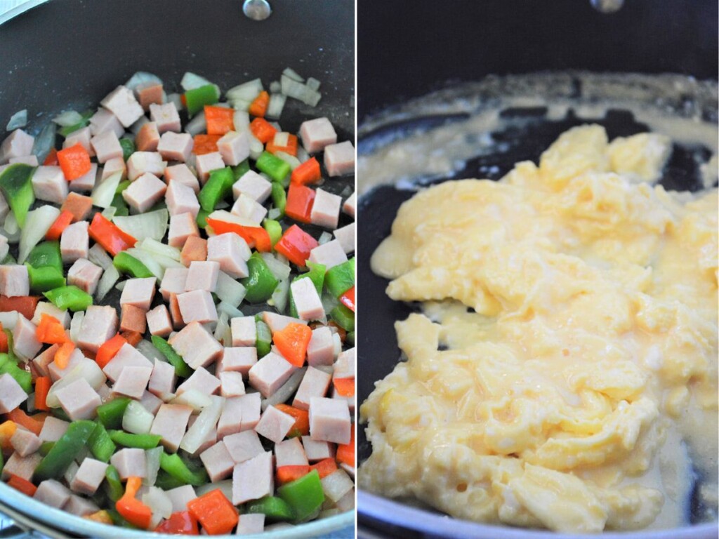 cooking ham and eggs in different pans.