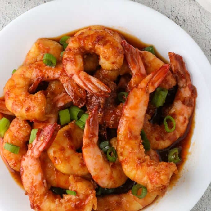 Chili Garlic Shrimp on a white plate.